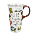 Ceramic Travel Cup, 17 OZ.,w/box and Tritan Lid, Life Begins After Coffee