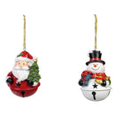 Polyresin Holiday Icons on Bells Ornament, 2 Asst: Santa/Snowman