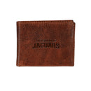 Jacksonville Jaguars, Embossed 100% Genuine Tumbled Leather Passcase Bi-Fold Wallet, Brown