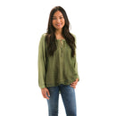 Lace 3/4 Length Sleeve Peasant Top, Green,7tp246