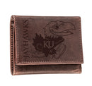University of Kansas, Tri-Fold Wallet, Brown, CH, 100% Genuine Leather