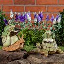 Pollinator Garden Statue, Resin Reading Frog Sitting On Snail & Turtle, 7"H
