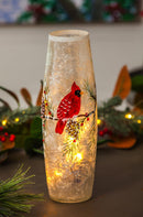 Glass Handpainted Cardinal and Pinecones LED Cylinder