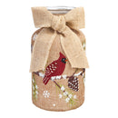 Glass Handpainted Cardinal and Branch and Pinecone LED Jar w/Burlap