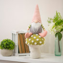 19" Fabric Plush Gnome Sitting on Mushroom Table Decor