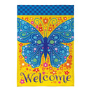 Welcome Mosaic Blue Butterfly Burlap Garden Flag