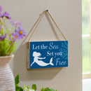 Blue Coastal Coral Sea Wood Hanging Sign w/ Rope, Mermaid "Let The Sea Set You Free", 11"x6"