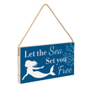 Blue Coastal Coral Sea Wood Hanging Sign w/ Rope, Mermaid "Let The Sea Set You Free", 11"x6"