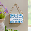 Blue Coastal Coral Sea Wood Hanging Sign w/ Rope, "Meet Me Where The Sky Touches The Sea", 11"x6"