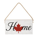 Canada Strong Maple Leaf Wood Hanging Sign w/ Rope, "Home", 11"x6"