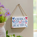 American Classic Red White & Bows Wood Hanging Sign w/ Rope, "America The Beautiful", 11"x6"