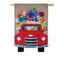 Red Truck Flowers House Burlap Flag