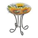 18" Solar Hand Painted Embossed Glass Bird Bath with Stand, Harvest Sunflowers,2sp6286