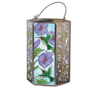 Handpainted Embossed Glass and Metal Solar Lantern, Hummingbird and Purple Florals