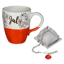 Ceramic Birthday Cup w/ metallic accent, Tea Charm, and box, 16 OZ., July