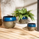 Two-Tone Dark Blue and Gray Round Metal Planter, Set of 3,8pmtl374